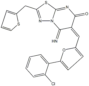 6-{[5-(2-chlorophenyl)-2-furyl]methylene}-5-imino-2-(2-thienylmethyl)-5,6-dihydro-7H-[1,3,4]thiadiazolo[3,2-a]pyrimidin-7-one Struktur