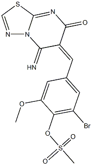 2-bromo-4-[(5-imino-7-oxo-5H-[1,3,4]thiadiazolo[3,2-a]pyrimidin-6(7H)-ylidene)methyl]-6-methoxyphenyl methanesulfonate Struktur