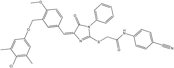 2-[(4-{3-[(4-chloro-3,5-dimethylphenoxy)methyl]-4-methoxybenzylidene}-5-oxo-1-phenyl-4,5-dihydro-1H-imidazol-2-yl)sulfanyl]-N-(4-cyanophenyl)acetamide Struktur