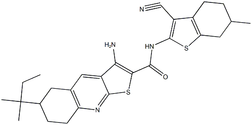 3-amino-N-(3-cyano-6-methyl-4,5,6,7-tetrahydro-1-benzothien-2-yl)-6-tert-pentyl-5,6,7,8-tetrahydrothieno[2,3-b]quinoline-2-carboxamide Struktur