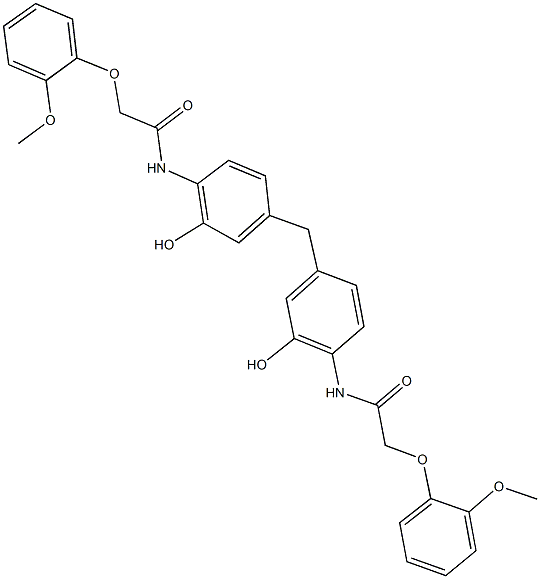 N-[2-hydroxy-4-(3-hydroxy-4-{[(2-methoxyphenoxy)acetyl]amino}benzyl)phenyl]-2-(2-methoxyphenoxy)acetamide Struktur