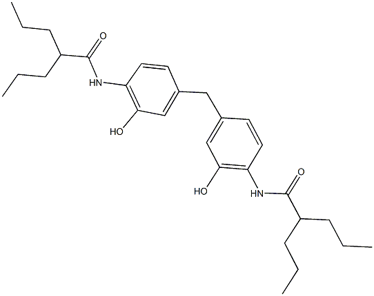 N-(2-hydroxy-4-{3-hydroxy-4-[(2-propylpentanoyl)amino]benzyl}phenyl)-2-propylpentanamide Struktur