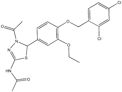 N-(4-acetyl-5-{4-[(2,4-dichlorobenzyl)oxy]-3-ethoxyphenyl}-4,5-dihydro-1,3,4-thiadiazol-2-yl)acetamide Struktur