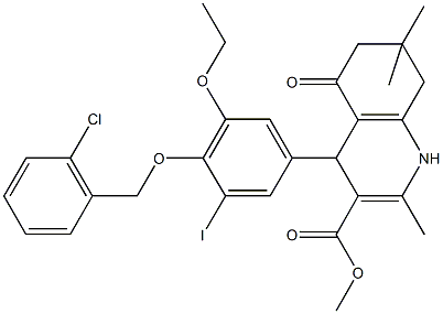 methyl 4-{4-[(2-chlorobenzyl)oxy]-3-ethoxy-5-iodophenyl}-2,7,7-trimethyl-5-oxo-1,4,5,6,7,8-hexahydro-3-quinolinecarboxylate Struktur