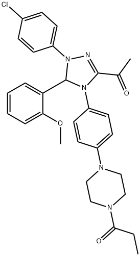 1-{1-(4-chlorophenyl)-5-(2-methoxyphenyl)-4-[4-(4-propionyl-1-piperazinyl)phenyl]-4,5-dihydro-1H-1,2,4-triazol-3-yl}ethanone Struktur