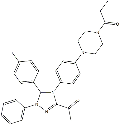 1-{5-(4-methylphenyl)-1-phenyl-4-[4-(4-propionyl-1-piperazinyl)phenyl]-4,5-dihydro-1H-1,2,4-triazol-3-yl}ethanone Struktur