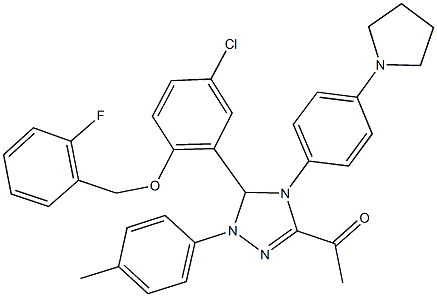 1-{5-{5-chloro-2-[(2-fluorobenzyl)oxy]phenyl}-1-(4-methylphenyl)-4-[4-(1-pyrrolidinyl)phenyl]-4,5-dihydro-1H-1,2,4-triazol-3-yl}ethanone Struktur