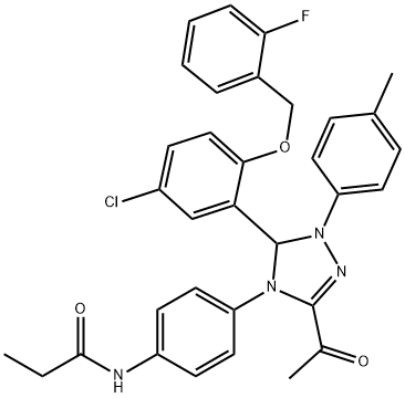 N-{4-[3-acetyl-5-{5-chloro-2-[(2-fluorobenzyl)oxy]phenyl}-1-(4-methylphenyl)-1,5-dihydro-4H-1,2,4-triazol-4-yl]phenyl}propanamide Struktur