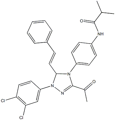 N-{4-[3-acetyl-1-(3,4-dichlorophenyl)-5-(2-phenylvinyl)-1,5-dihydro-4H-1,2,4-triazol-4-yl]phenyl}-2-methylpropanamide Struktur