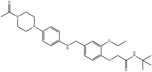 2-(4-{[4-(4-acetyl-1-piperazinyl)anilino]methyl}-2-ethoxyphenoxy)-N-(tert-butyl)acetamide Struktur