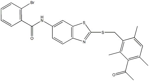 N-{2-[(3-acetyl-2,4,6-trimethylbenzyl)sulfanyl]-1,3-benzothiazol-6-yl}-2-bromobenzamide Struktur