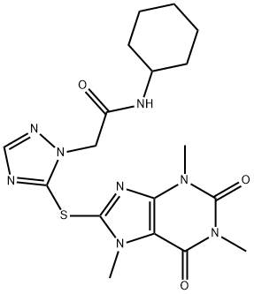 N-cyclohexyl-2-{5-[(1,3,7-trimethyl-2,6-dioxo-2,3,6,7-tetrahydro-1H-purin-8-yl)sulfanyl]-1H-1,2,4-triazol-1-yl}acetamide Struktur