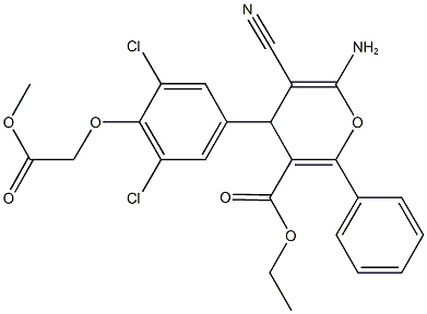 ethyl 6-amino-5-cyano-4-[3,5-dichloro-4-(2-methoxy-2-oxoethoxy)phenyl]-2-phenyl-4H-pyran-3-carboxylate Struktur