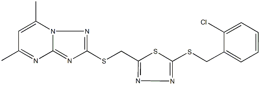 2-[({5-[(2-chlorobenzyl)sulfanyl]-1,3,4-thiadiazol-2-yl}methyl)sulfanyl]-5,7-dimethyl[1,2,4]triazolo[1,5-a]pyrimidine Struktur