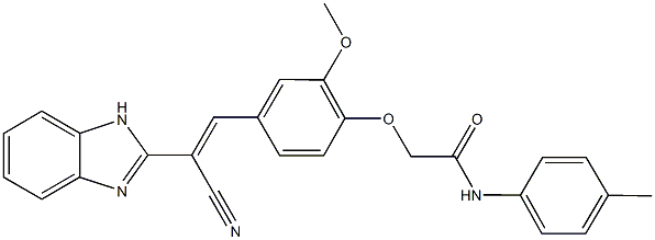 2-{4-[2-(1H-benzimidazol-2-yl)-2-cyanovinyl]-2-methoxyphenoxy}-N-(4-methylphenyl)acetamide Struktur