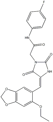 2-{4-[(6-ethoxy-1,3-benzodioxol-5-yl)methylene]-2,5-dioxo-1-imidazolidinyl}-N-(4-fluorophenyl)acetamide Struktur