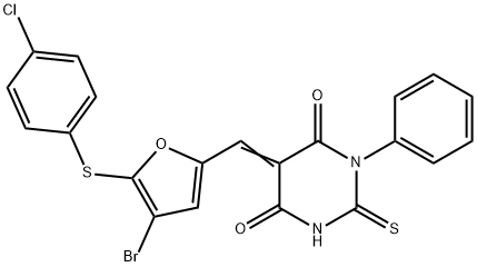 5-({4-bromo-5-[(4-chlorophenyl)sulfanyl]-2-furyl}methylene)-1-phenyl-2-thioxodihydro-4,6(1H,5H)-pyrimidinedione Struktur