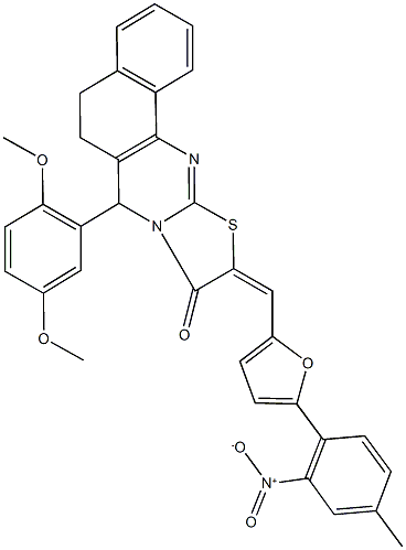 7-(2,5-dimethoxyphenyl)-10-[(5-{2-nitro-4-methylphenyl}-2-furyl)methylene]-5,7-dihydro-6H-benzo[h][1,3]thiazolo[2,3-b]quinazolin-9(10H)-one Struktur