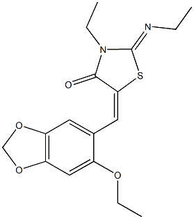 5-[(6-ethoxy-1,3-benzodioxol-5-yl)methylene]-3-ethyl-2-(ethylimino)-1,3-thiazolidin-4-one Struktur