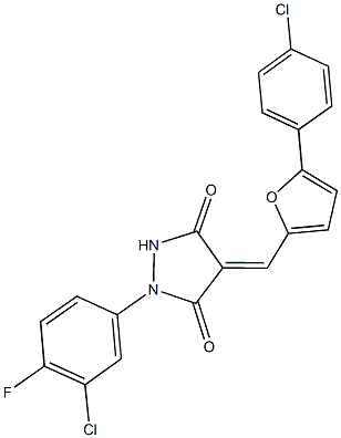 1-(3-chloro-4-fluorophenyl)-4-{[5-(4-chlorophenyl)-2-furyl]methylene}-3,5-pyrazolidinedione Struktur