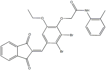 2-{2,3-dibromo-4-[(1,3-dioxo-1,3-dihydro-2H-inden-2-ylidene)methyl]-6-ethoxyphenoxy}-N-(2-methylphenyl)acetamide Struktur