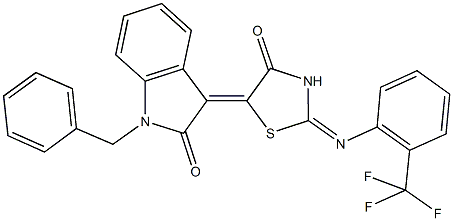 1-benzyl-3-(4-oxo-2-{[2-(trifluoromethyl)phenyl]imino}-1,3-thiazolidin-5-ylidene)-1,3-dihydro-2H-indol-2-one Struktur