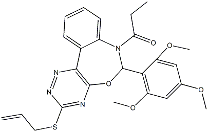 3-(allylsulfanyl)-7-propionyl-6-(2,4,6-trimethoxyphenyl)-6,7-dihydro[1,2,4]triazino[5,6-d][3,1]benzoxazepine Struktur