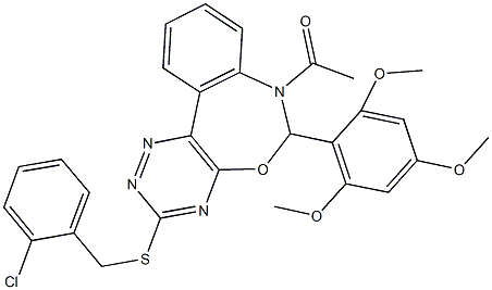 7-acetyl-3-[(2-chlorobenzyl)sulfanyl]-6-(2,4,6-trimethoxyphenyl)-6,7-dihydro[1,2,4]triazino[5,6-d][3,1]benzoxazepine Struktur