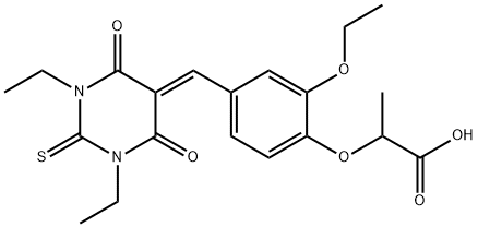 2-{4-[(1,3-diethyl-4,6-dioxo-2-thioxotetrahydropyrimidin-5(2H)-ylidene)methyl]-2-ethoxyphenoxy}propanoic acid Struktur