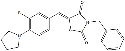 3-benzyl-5-[3-fluoro-4-(1-pyrrolidinyl)benzylidene]-1,3-thiazolidine-2,4-dione Struktur