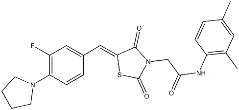 N-(2,4-dimethylphenyl)-2-{5-[3-fluoro-4-(1-pyrrolidinyl)benzylidene]-2,4-dioxo-1,3-thiazolidin-3-yl}acetamide Struktur