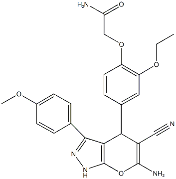 2-{4-[6-amino-5-cyano-3-(4-methoxyphenyl)-1,4-dihydropyrano[2,3-c]pyrazol-4-yl]-2-ethoxyphenoxy}acetamide Struktur