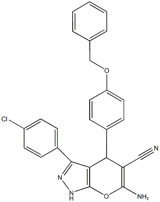 6-amino-4-[4-(benzyloxy)phenyl]-3-(4-chlorophenyl)-1,4-dihydropyrano[2,3-c]pyrazole-5-carbonitrile Struktur