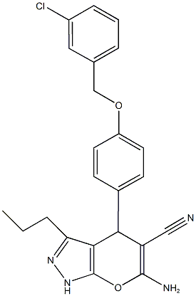 6-amino-4-{4-[(3-chlorobenzyl)oxy]phenyl}-3-propyl-1,4-dihydropyrano[2,3-c]pyrazole-5-carbonitrile Struktur