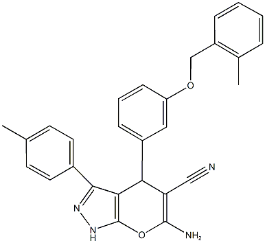 6-amino-4-{3-[(2-methylbenzyl)oxy]phenyl}-3-(4-methylphenyl)-1,4-dihydropyrano[2,3-c]pyrazole-5-carbonitrile Struktur