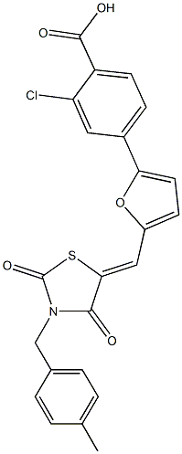 2-chloro-4-(5-{[3-(4-methylbenzyl)-2,4-dioxo-1,3-thiazolidin-5-ylidene]methyl}-2-furyl)benzoic acid Struktur