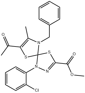 methyl 7-acetyl-9-benzyl-1-(2-chlorophenyl)-8-methyl-4,6-dithia-1,2,9-triazaspiro[4.4]nona-2,7-diene-3-carboxylate Struktur