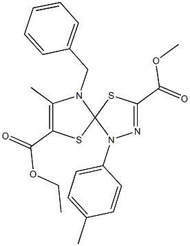 7-ethyl 3-methyl 9-benzyl-8-methyl-1-(4-methylphenyl)-4,6-dithia-1,2,9-triazaspiro[4.4]nona-2,7-diene-3,7-dicarboxylate Struktur