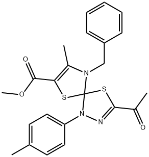 methyl 3-acetyl-9-benzyl-8-methyl-1-(4-methylphenyl)-4,6-dithia-1,2,9-triazaspiro[4.4]nona-2,7-diene-7-carboxylate Struktur