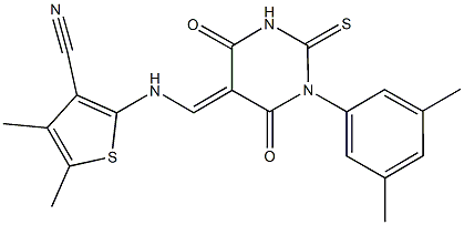 2-{[(1-(3,5-dimethylphenyl)-4,6-dioxo-2-thioxotetrahydro-5(2H)-pyrimidinylidene)methyl]amino}-4,5-dimethyl-3-thiophenecarbonitrile Struktur