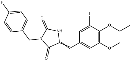 5-(4-ethoxy-3-iodo-5-methoxybenzylidene)-3-(4-fluorobenzyl)imidazolidine-2,4-dione Struktur