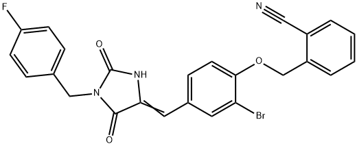 2-[(2-bromo-4-{[1-(4-fluorobenzyl)-2,5-dioxo-4-imidazolidinylidene]methyl}phenoxy)methyl]benzonitrile Struktur