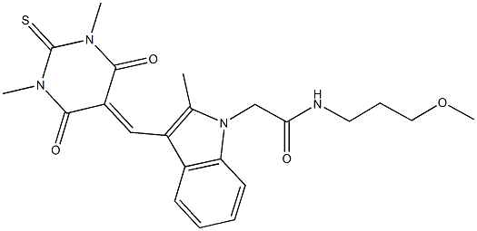 2-{3-[(1,3-dimethyl-4,6-dioxo-2-thioxotetrahydro-5(2H)-pyrimidinylidene)methyl]-2-methyl-1H-indol-1-yl}-N-(3-methoxypropyl)acetamide Struktur