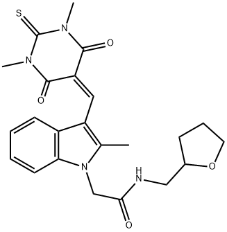 2-{3-[(1,3-dimethyl-4,6-dioxo-2-thioxotetrahydro-5(2H)-pyrimidinylidene)methyl]-2-methyl-1H-indol-1-yl}-N-(tetrahydro-2-furanylmethyl)acetamide Struktur