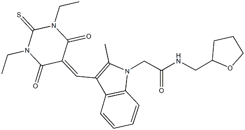 2-{3-[(1,3-diethyl-4,6-dioxo-2-thioxotetrahydro-5(2H)-pyrimidinylidene)methyl]-2-methyl-1H-indol-1-yl}-N-(tetrahydro-2-furanylmethyl)acetamide Struktur