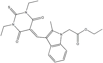 ethyl {3-[(1,3-diethyl-4,6-dioxo-2-thioxotetrahydro-5(2H)-pyrimidinylidene)methyl]-2-methyl-1H-indol-1-yl}acetate Struktur