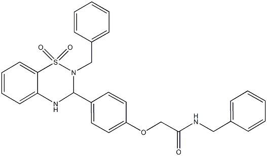 N-benzyl-2-[4-(2-benzyl-1,1-dioxido-3,4-dihydro-2H-1,2,4-benzothiadiazin-3-yl)phenoxy]acetamide Struktur