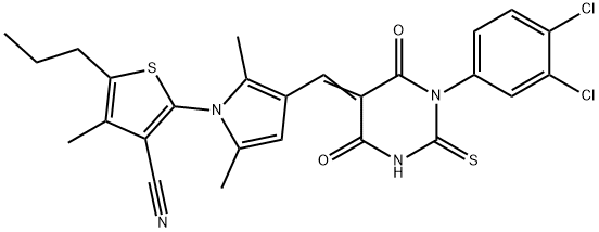 2-{3-[(1-(3,4-dichlorophenyl)-4,6-dioxo-2-thioxotetrahydro-5(2H)-pyrimidinylidene)methyl]-2,5-dimethyl-1H-pyrrol-1-yl}-4-methyl-5-propyl-3-thiophenecarbonitrile Struktur