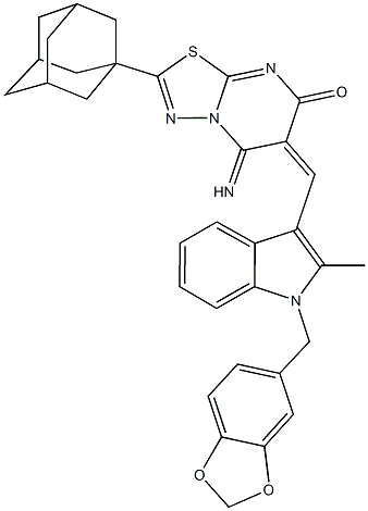 2-(1-adamantyl)-6-{[1-(1,3-benzodioxol-5-ylmethyl)-2-methyl-1H-indol-3-yl]methylene}-5-imino-5,6-dihydro-7H-[1,3,4]thiadiazolo[3,2-a]pyrimidin-7-one Struktur