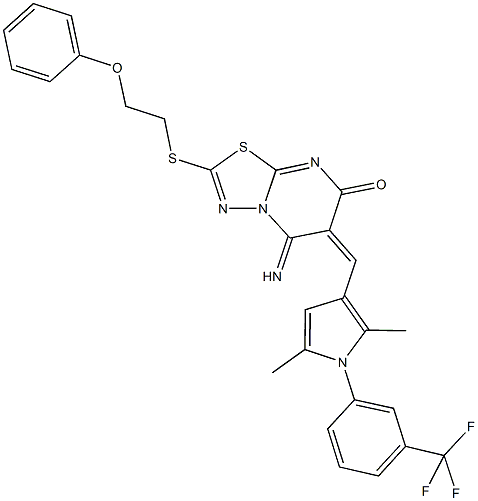 6-({2,5-dimethyl-1-[3-(trifluoromethyl)phenyl]-1H-pyrrol-3-yl}methylene)-5-imino-2-[(2-phenoxyethyl)sulfanyl]-5,6-dihydro-7H-[1,3,4]thiadiazolo[3,2-a]pyrimidin-7-one Struktur